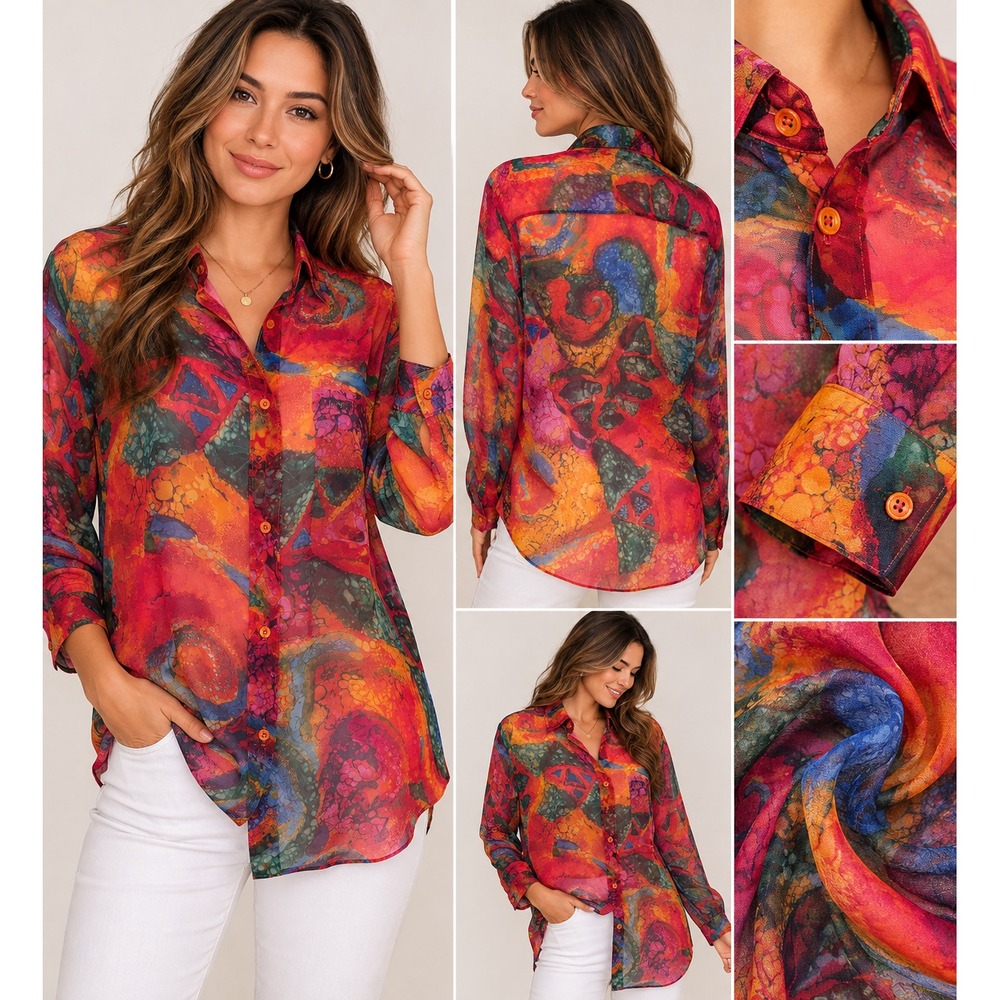 Guess M Vintage Georges Marciano Sheer Abstract Psychedelic Button Down Shirt